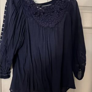 INC International Concepts Dark Blue Blouse with Floral Lace
